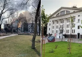 Украинада театр биноси ўққа тутилди. Вайроналар остида одамлар бўлиши мумкин фото