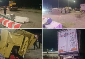 Haydovchining uxlab qolishi oqibatida yuk mashina to‘siqqa urildi фото
