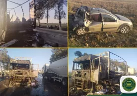 Samarqandda yuk mashinasi «Lada Largus» bilan to‘qnashib yonib ketdi фото