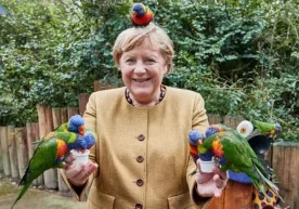 Angela Merkel Qushlar parkiga tashrif buyurib, to‘tiqushlarni ovqatlantirdi фото