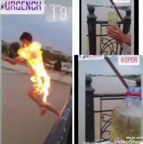 Урганчда йигитлардан бирига бензин қуйиб, ёқиб юборилди. У ўзини сувга отди (видео)