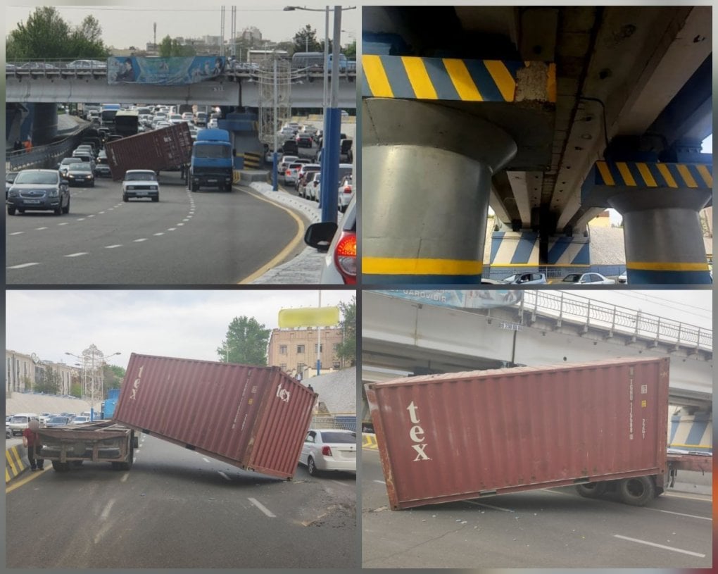 Тошкентда юк автомобили контейнери кўприкка урилиши оқибатида ерга қулади